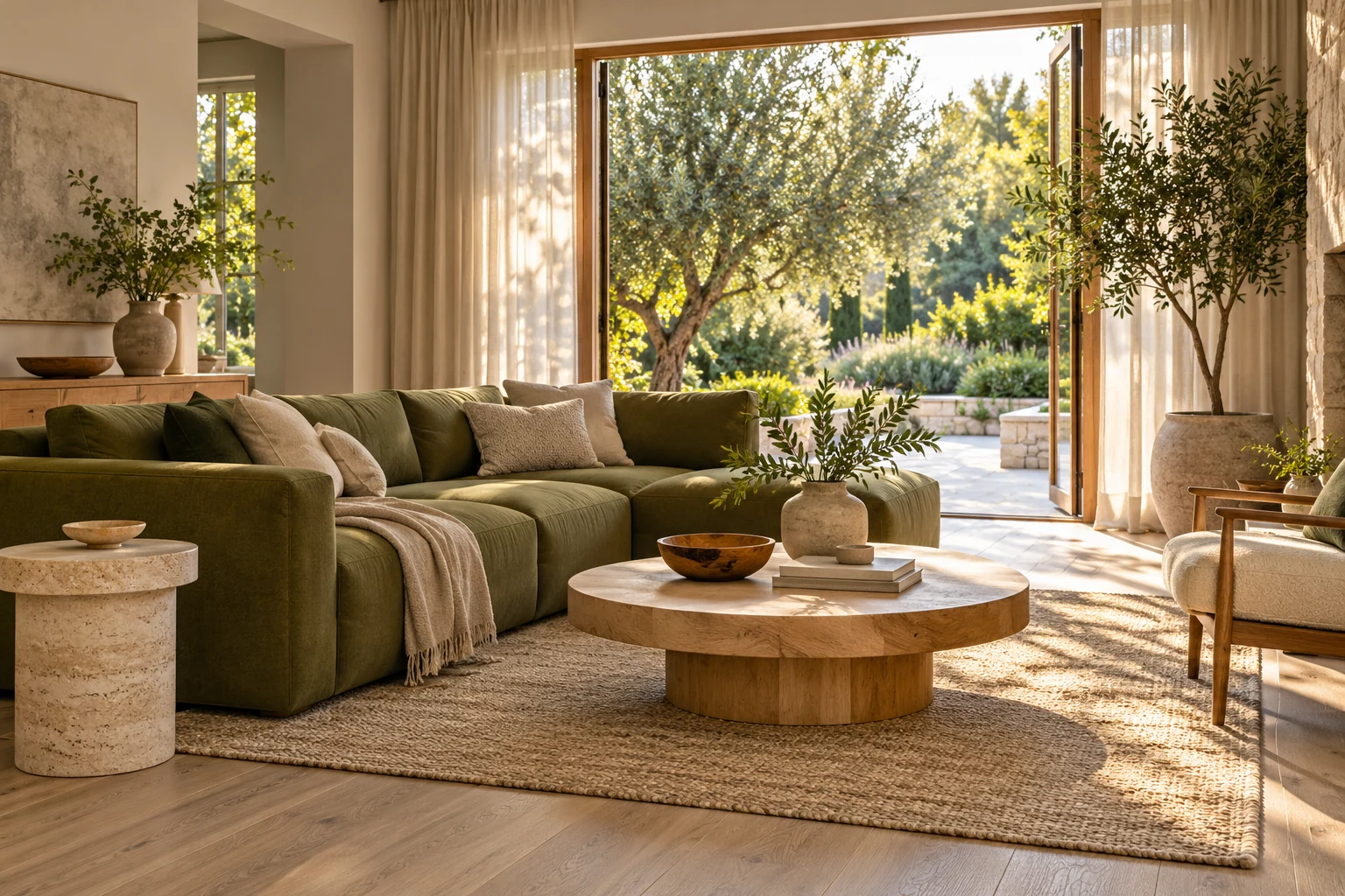 Sunlit living room with a garden view, warm natural materials and soft seating