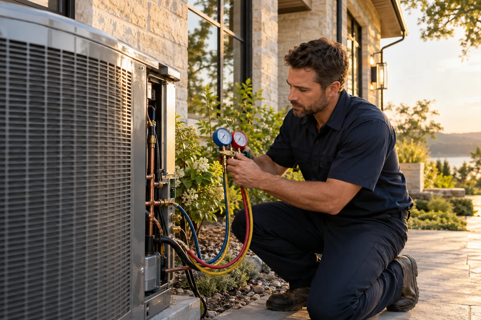 Illustrative HVAC technician inspecting an outdoor heat pump beside a modern home